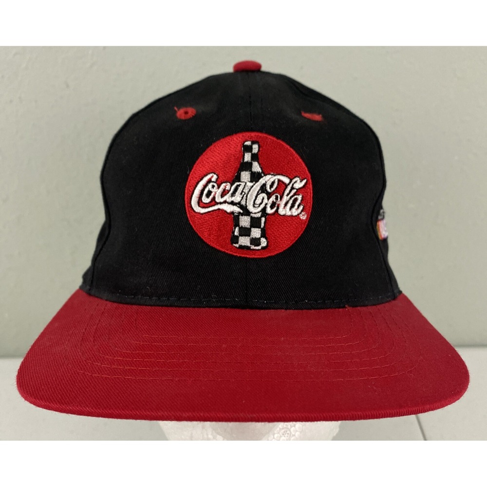 Vintage 90s Coca Cola NASCAR Racing Snapback Hat Black Red Sportsman Cap